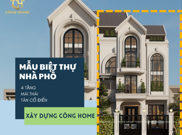 Mẫu biệt thự nh&agrave; phố 4 tầng m&aacute;i Th&aacute;i phong c&aacute;ch t&acirc;n cổ điển 7.5m x 20m