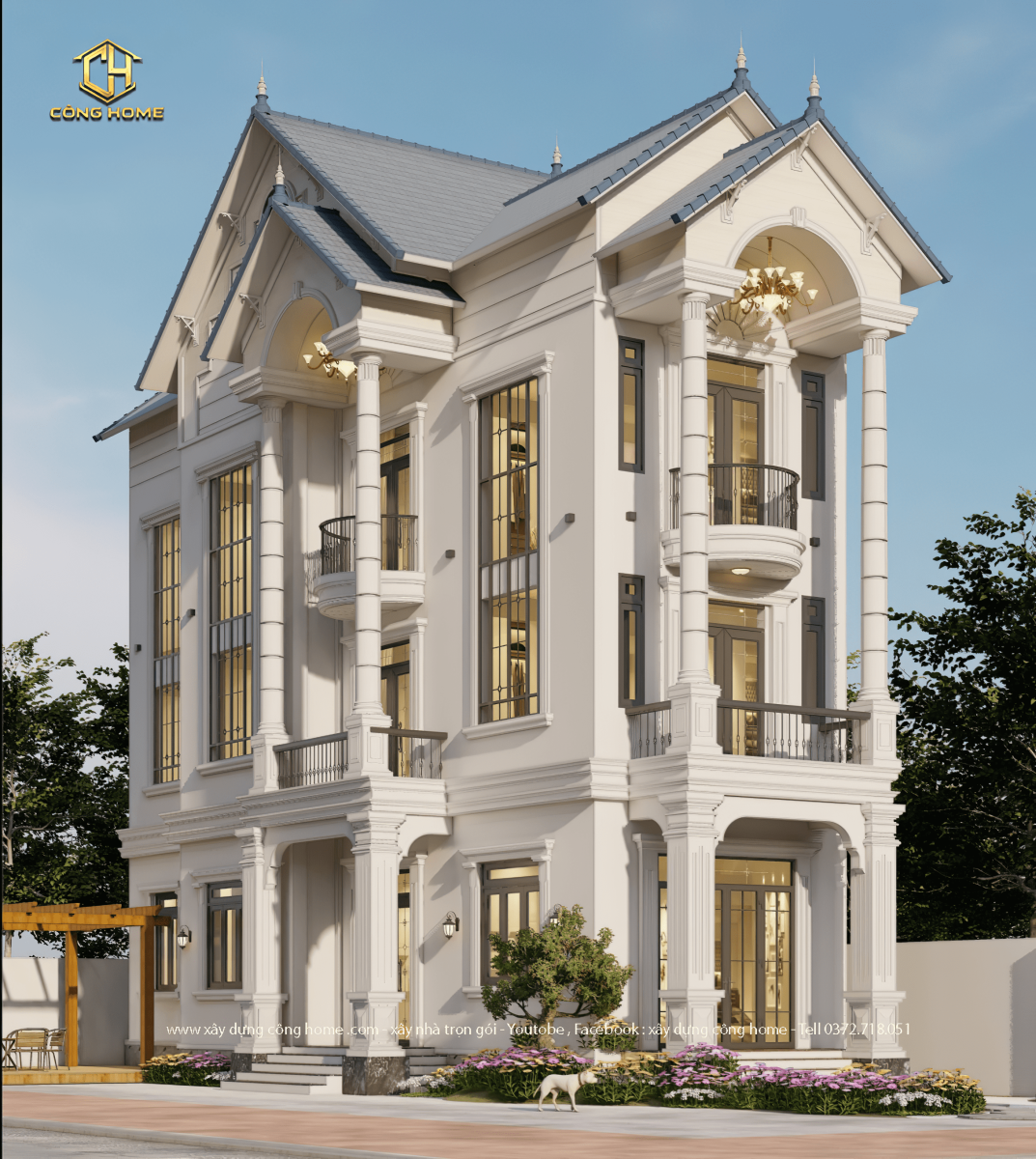 nhà mái thái 2 mặt tiền 3 tầng 